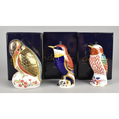 370 - Three Royal Crown Derby Bird Paperweights, Kingfisher, Bee-eater and Hummingbird