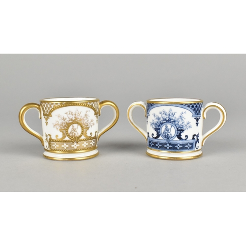 466 - Pair of George V Royal Crown Derby Miniature Loving Mugs, Blue and Gilt Colour Ways, 4cm high