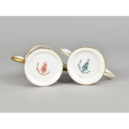 466 - Pair of George V Royal Crown Derby Miniature Loving Mugs, Blue and Gilt Colour Ways, 4cm high