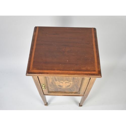 47 - An Edwardian Inlaid Mahogany Bedside Cupboard with Panelled Door to Shelved Interior, 40cms Wide