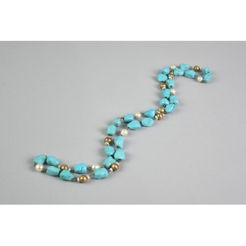 508 - A Vintage Necklace Comprising Pearls and Polished Turquoise Pebbles on a Metal Chain with Bronzed Sp... 