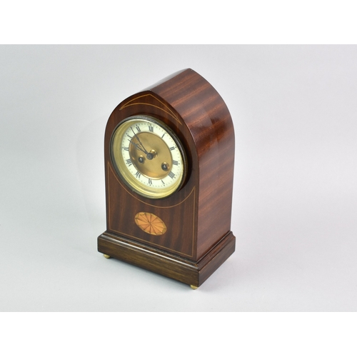 51 - An Edwardian Inlaid Lancet Mantel Clock with Movement by Japy Freres, Matching Pendulum, 28cms High