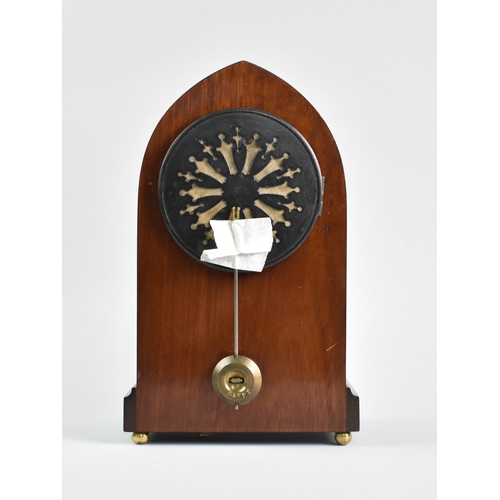 51 - An Edwardian Inlaid Lancet Mantel Clock with Movement by Japy Freres, Matching Pendulum, 28cms High