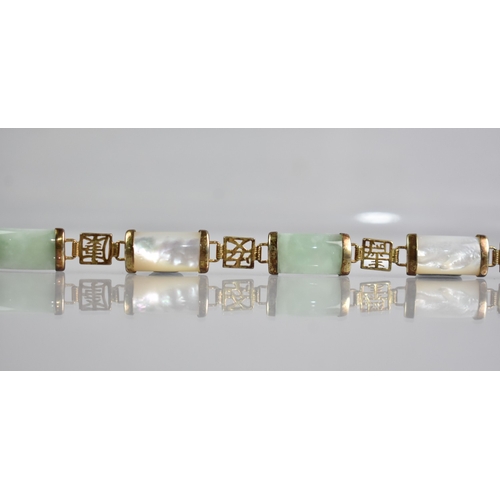 512 - A Mother of Pearl and Jade Style Stone Panel Bracelet having Chinese Characters, Push Clasp Stamped ... 