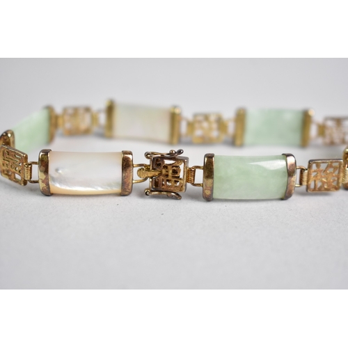 512 - A Mother of Pearl and Jade Style Stone Panel Bracelet having Chinese Characters, Push Clasp Stamped ... 