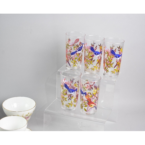 547 - A Royal Stuart Part Tea Set and Four Bird Decorated Tumblers