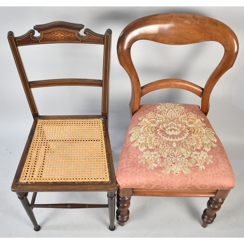 587 - An Edwardian Cane Seated Inlaid Bedroom Chair and a Mahogany Balloon Back Chair