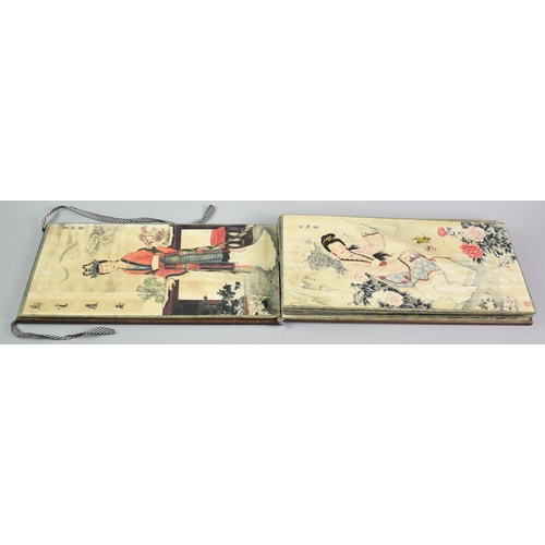 608 - A Reproduction Chinese Wooden Bound Book Depicting Elegant Fashion Prints, 38cms by 18.5cms