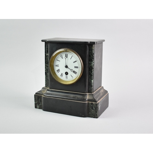 77 - A French Black Slate and Marble Mantel Clock of Architectural Form, 22cms Wide