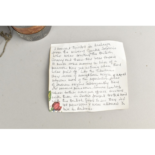 16 - A Vintage White Metal and Wooden Cylindrical Lidded Pot Purchased from the wives of Gurkha Soldiers ... 