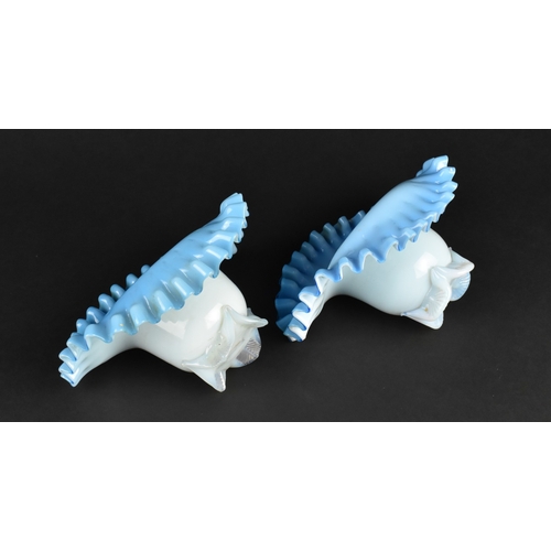 50 - A Pair of Hand Blown Victorian Jack in the Pulpit Vases with Ruffled Rims, Probably Fenton Aqua Cres... 