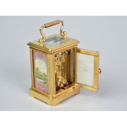 16 - A Miniature Sevres Style Gilt Brass Cased Carriage Clock with Decorated Porcelain Panels All Around,... 