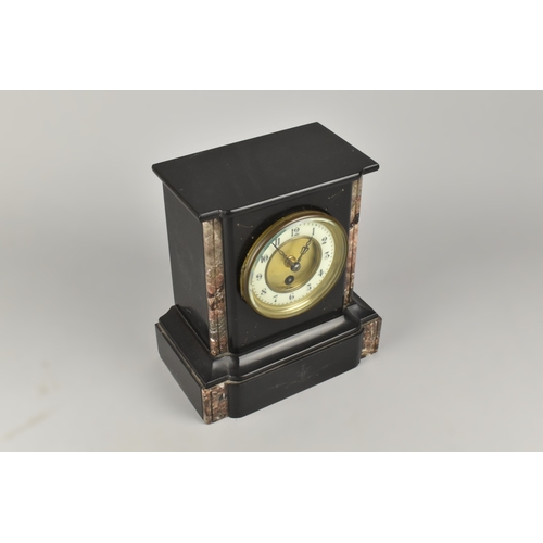 34 - A French Black Slate and Marble Mantel Clock of Architectural Form, 22.5cms High