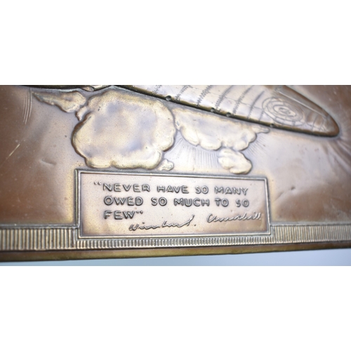 116 - A Pressed Brass WWII Plaque, 'Never Have So Many Owed So Much to So Few' Depicting Spitfire in Fligh... 