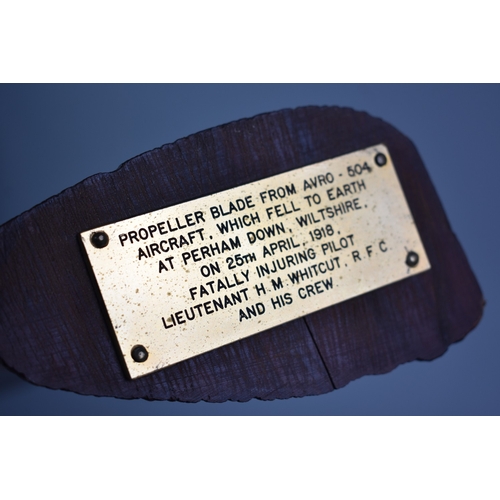 120 - A WWI Half Propellor Blade from an Avro 504, Having Brass Plaque Inscribed 'Which Fell to Earth at P... 