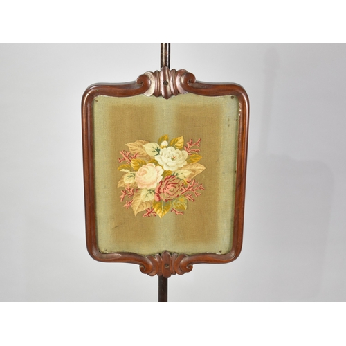 159 - A 19th Century Rise and Fall Pole Screen with Silk Embroidered Panel Depicting Roses, Carved Tripod ... 