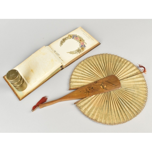 17 - A Novelty Olive Wood Souvenir Fan, Oval Mirror Cracked, Together with a Jerusalem Olive Wood Bound V... 