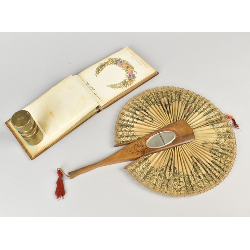 17 - A Novelty Olive Wood Souvenir Fan, Oval Mirror Cracked, Together with a Jerusalem Olive Wood Bound V... 