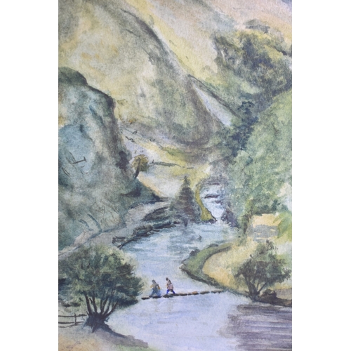 273 - A Framed Watercolour Depicting Figures On Bridge Crossing River in Gorge, Signed RP Creed, 35x51cms