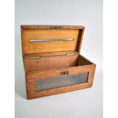 32 - An Edwardian Oak Ballot Box with Glazed Front Panel and Hinged Lid with Slot, 30cms Wide