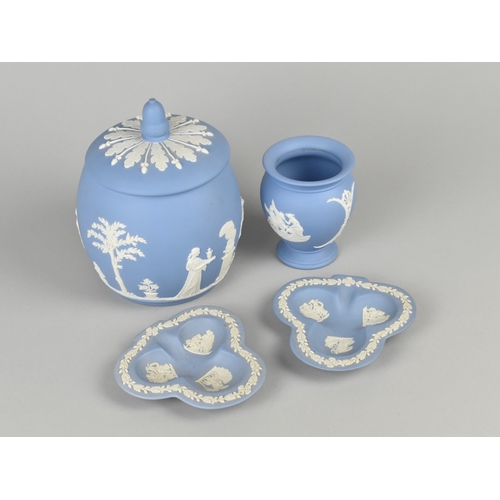 381 - Four Pieces of Wedgwood Jasperware to Comprise Pot and Cover, 17.5cm high, Vase and Two Dishes