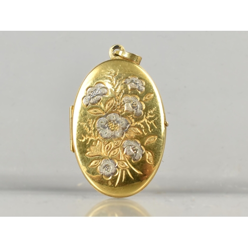 400 - A Large 9ct Gold Locket, Decorated in White Metal with Flowers, 4.7gms, 23.8x33.5mm (Excluding Bale)