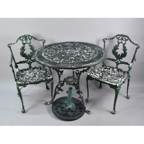 410 - A Green Painted Aluminium Patio Set Comprising Circular Table and Pair of Armchairs with Parasol Wei... 