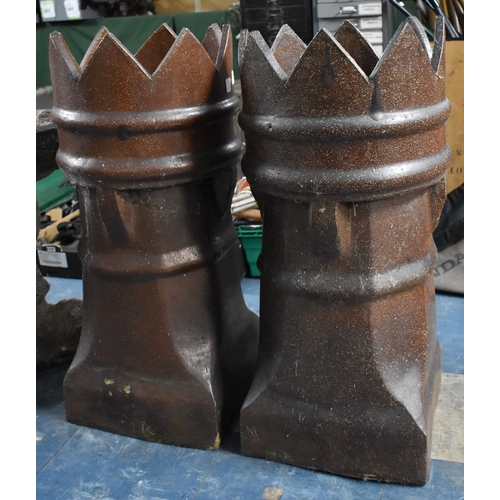417 - A Pair of Treacle Glazed Castellated Terracotta Chimneys, Each 74cms High