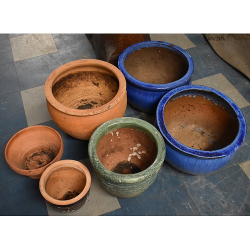 418 - A Collection of Various Terracotta and Blue and Green Glazed Patio Planters
