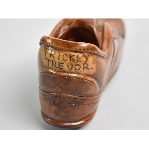 5 - A Novelty Carved Wooden Football Boot, Heel Inscribed 'Trickey Trevor', Sole Signed Sid Gibson, 15cm... 