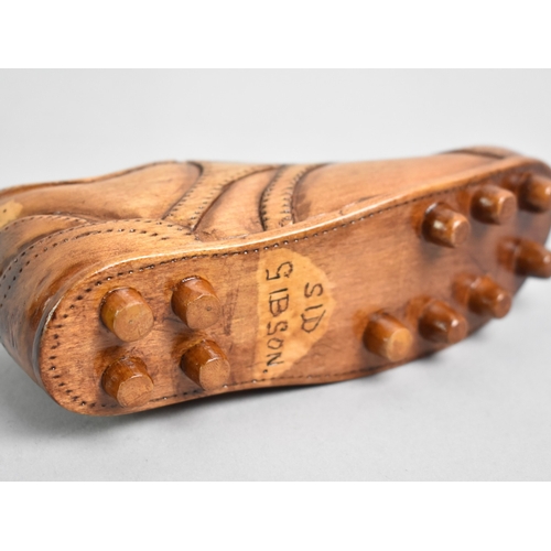 5 - A Novelty Carved Wooden Football Boot, Heel Inscribed 'Trickey Trevor', Sole Signed Sid Gibson, 15cm... 