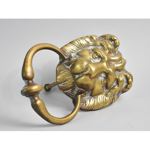 52 - A Moulded Brass Lion Mask Door Knocker, Overall Height 19cms