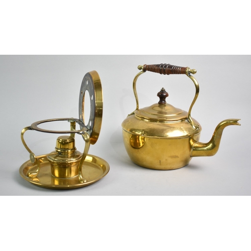63 - An Edwardian Brass Spirit Kettle in 'Tipping' Stand with Original Burner on Tray Base