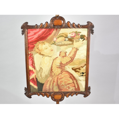 66 - A 19th Century Tripod Pole Screen with Carved Rise and Fall Panel having Tapestry of Maiden with Bow... 