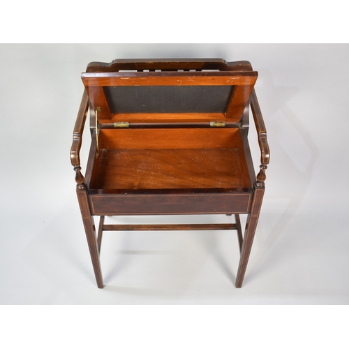 77 - An Edwardian Inlaid Mahogany Piano Stool with Scrolled Arms and Lift Up Seat, Square Tapering Suppor... 