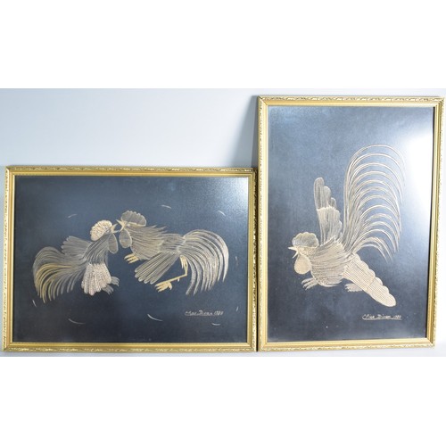 585 - A Pair of Gilt Framed Gilt Paintings of Cockerels Signed Elias Divan 1980, 52x37cms