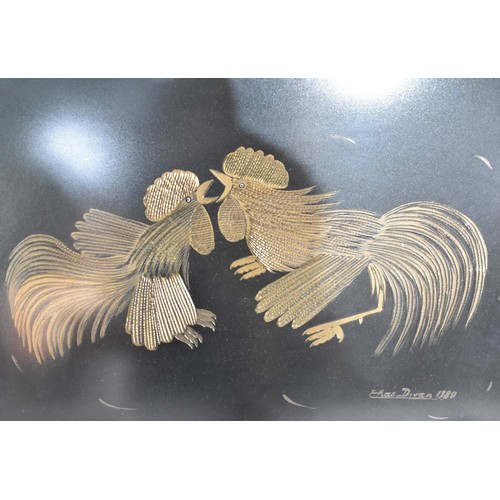 585 - A Pair of Gilt Framed Gilt Paintings of Cockerels Signed Elias Divan 1980, 52x37cms