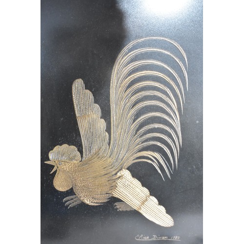 585 - A Pair of Gilt Framed Gilt Paintings of Cockerels Signed Elias Divan 1980, 52x37cms