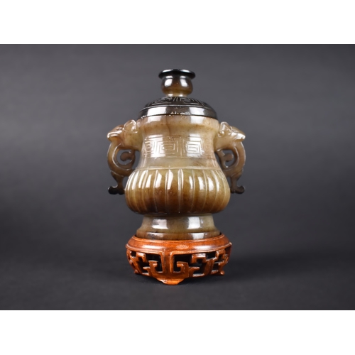 39 - A Reproduction Chinese Carved Hardstone Lidded Censer with Two Carved and Pierced Handles on Turned ... 