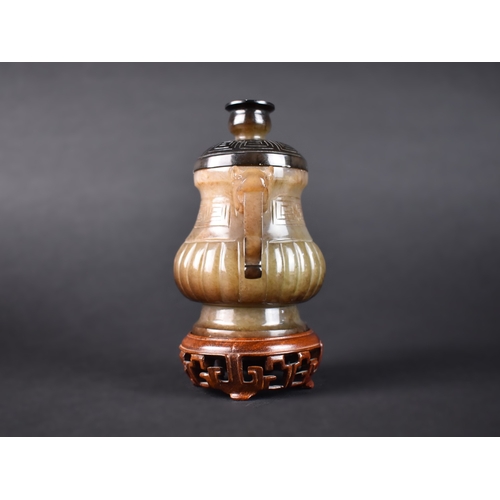 39 - A Reproduction Chinese Carved Hardstone Lidded Censer with Two Carved and Pierced Handles on Turned ... 