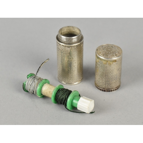 56 - A Silver Cylindrical Etui Containing Needles and Cotton, Stamped 925, Engine Turned Decoration to Bo... 