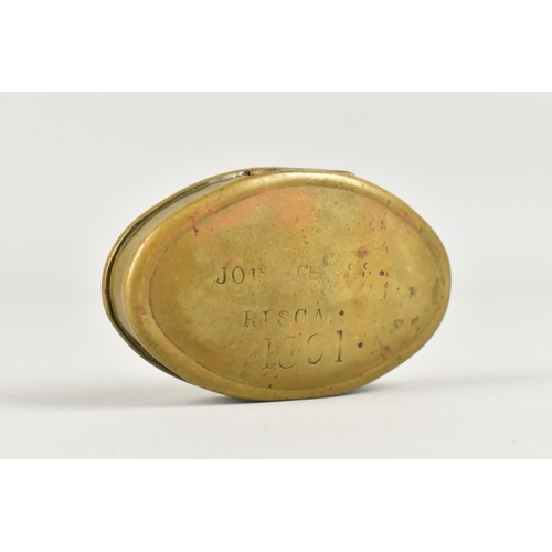 48 - A Late 19th Century Brass Oval Snuff Box, Hinged Lid Named and Dated 1891