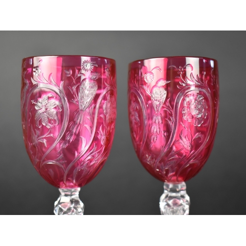 15 - A Pair of Late 19th/Early 20th Century Pretty Overlaid Cranberry Glass Sherries Decorated with Exoti... 