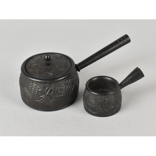 6 - Two Late 19th/Early 20th Century Irish Bog Oak Saucepans, One with Lid and both Decorated with Shamr... 