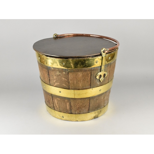 24 - A Georgian Brass Banded Coopered Oak Peat/Wine Bucket With Copper Loop Handle and Later Lid, 40cmx37... 