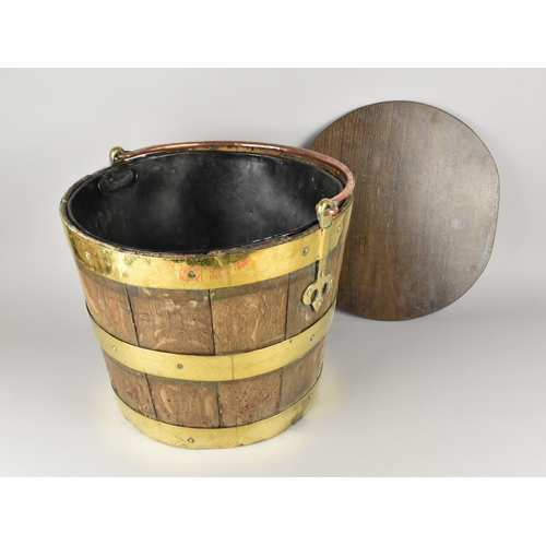 24 - A Georgian Brass Banded Coopered Oak Peat/Wine Bucket With Copper Loop Handle and Later Lid, 40cmx37... 