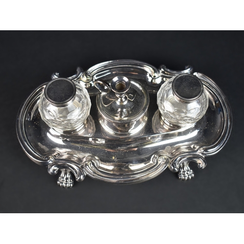 27 - An Edwardian Silver Plated Desktop Ink Stand with Two Silver Plate Mounted Glass Globular Inkwells, ... 