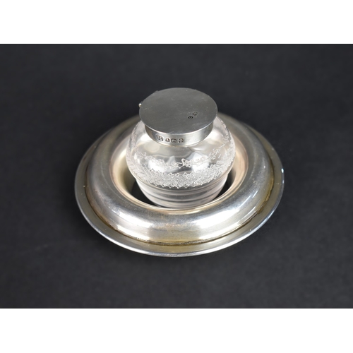 42 - A Silver and Etched Glass Inkwell with Silver Stand, Hallmarked for Birmingham 1913 by George Unite,... 