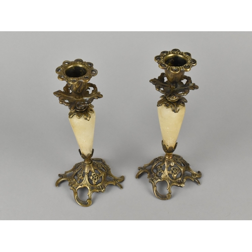 50 - A Pair of French Ormolu and Alabaster Candlesticks, 19cm High.