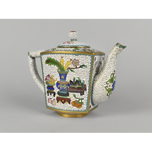 51 - A Chinese Cloisonne Square Bodied Teapot Decorated with Fruit and Flowers Etc, 15cm High.